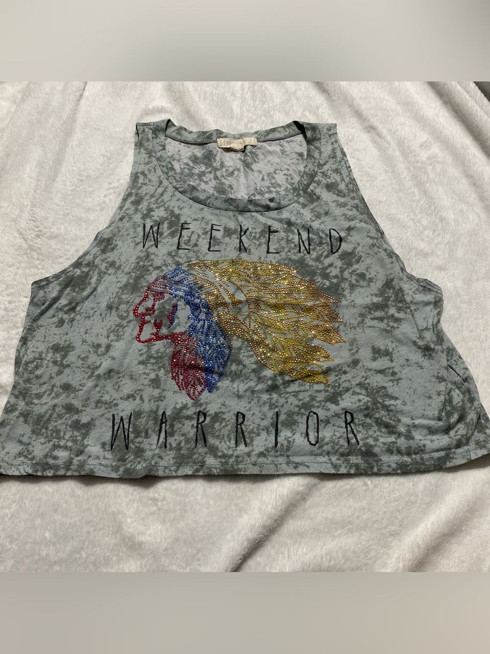 Forever 21 Gray Crop Tank with Studded Feather Headdress Graphic